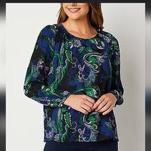 Liz Claiborne Viking Blue Paisley Blouse Women's Large Floral Jersey Knit